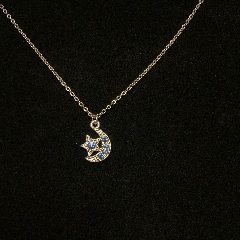 Dainty Silver Tone Blue Rhinestone Moon Star Pendant Necklace